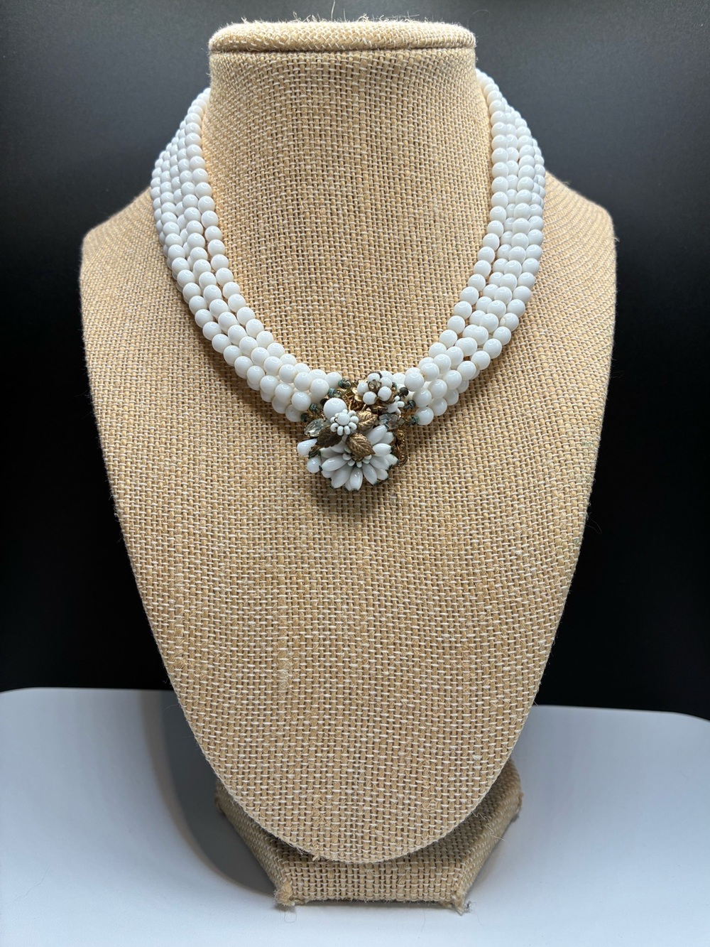 Vintage Multi-Strand Milk Glass Beaded Necklace with Floral Cluster